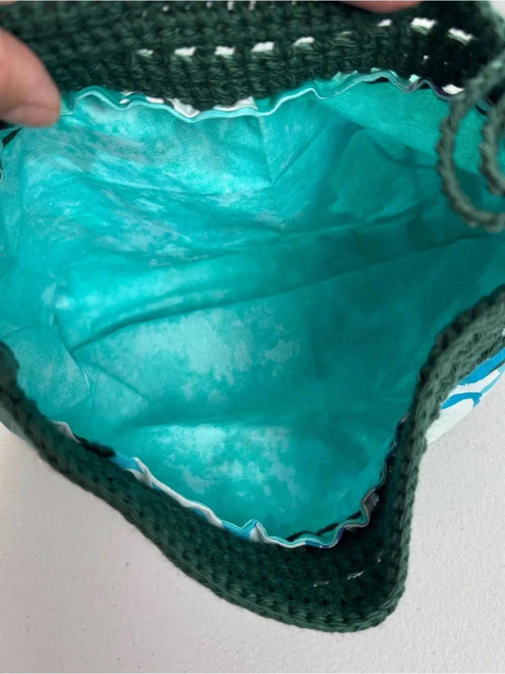 Handmade Crochet Fabric Shoulder Bag Boho Tropical Leaf Print Dark Green